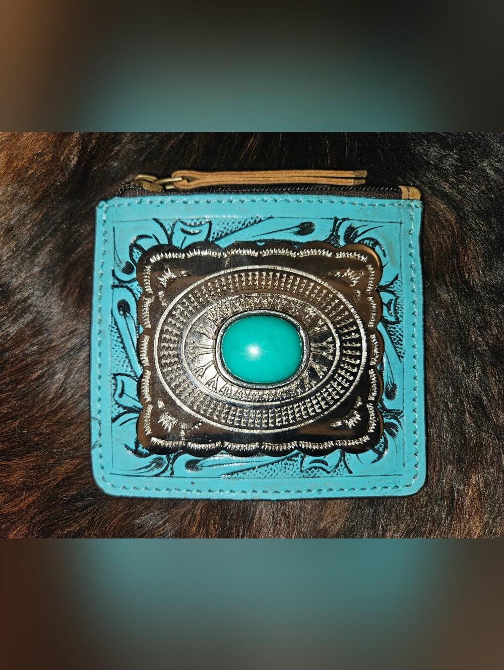 Turquoise Western Concho Zip Wallet - Leather Coin Wallet